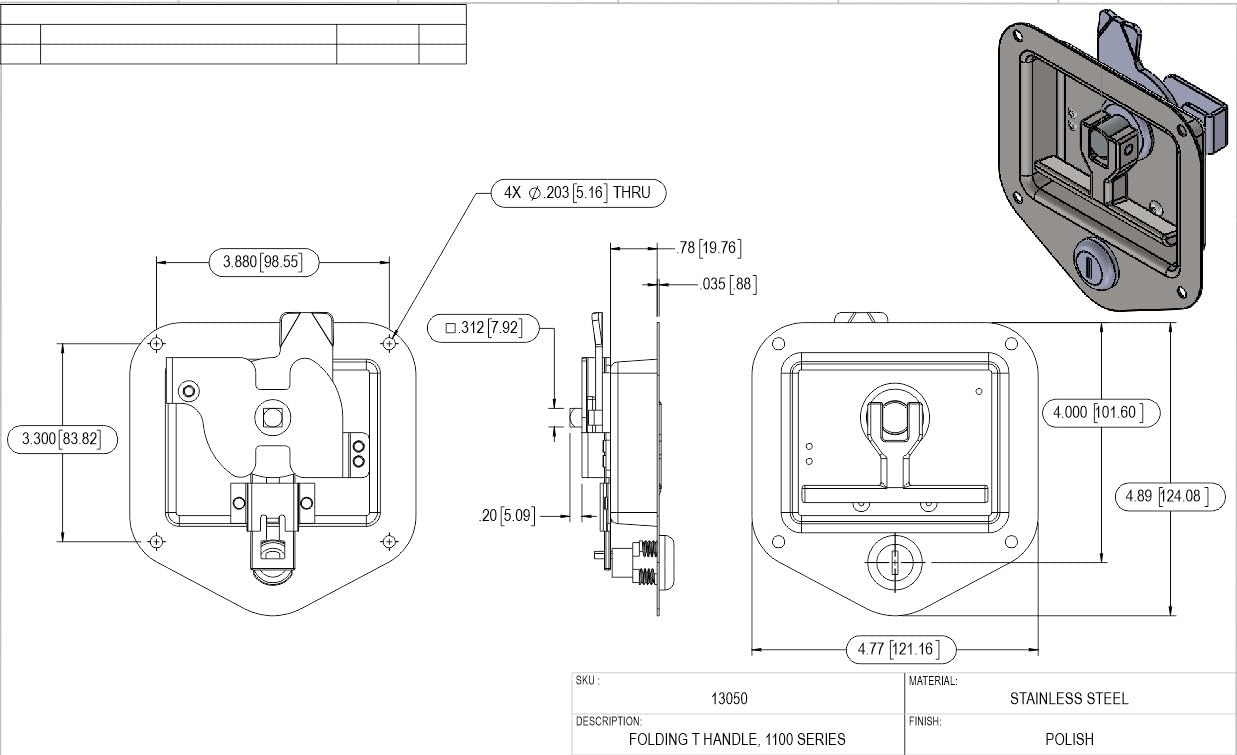 Tool Box Cabinet Latch Stainless Steel Three Point Folding T Handle Locking with (2) Connecting Rods 5/16 x 34L. Mounts to Flat Panel Surface. Installation Expertise is Required!