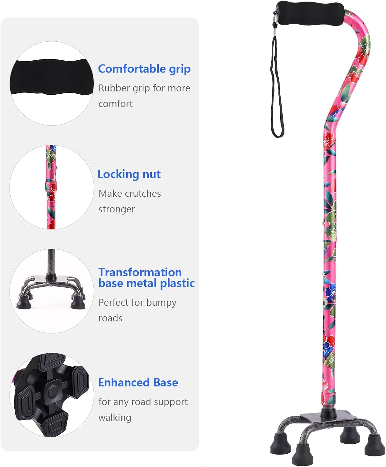 Floral Quad Cane for Women, Adjustable Walking Canes with 3-in-1 Interchangeable Base(3 Tips) for Versatile Support, Stylish & Stable Mobility Aid for Seniors Confidence