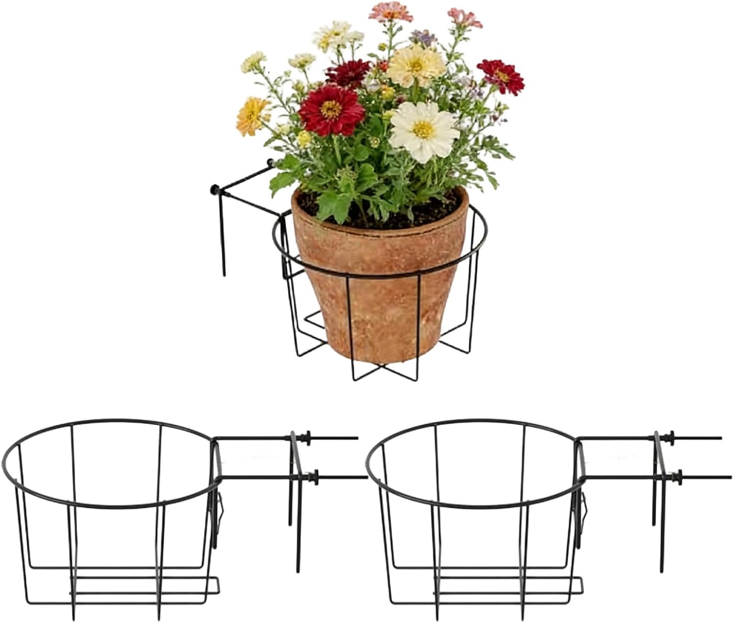 Railing Planter Holder, 3 Piece Adjustable Basket, Metal Pole Balcony Fence Flower Pot Hangers, Outdoor Planter Rack with Sturdy Design, Adjustable Holder with Secure Clips, Garden Flower Pot Hanger