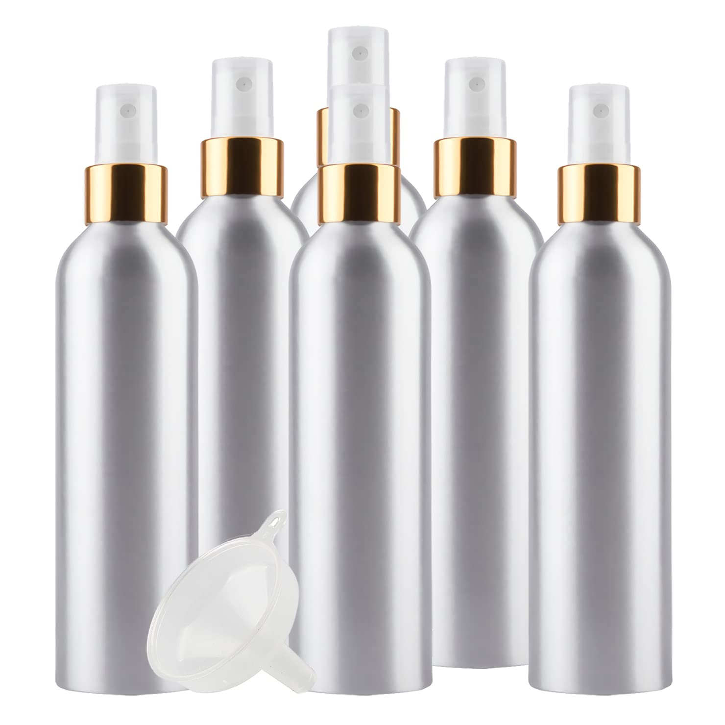 12 Stück 250 ml Leere Aluminium Sprühflasche mit Gold/Weiß Sprühkopf Parfümzerstäuber Feinen Nebel Wassersprüher Zerstäuber Nachfüllbarer für Parfüm Ätherisches Öl, 1x Trichter