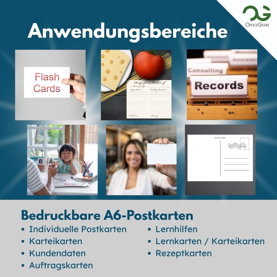 OfficeGear A6-Postkarten [65 Blatt, 260 Stück] – Perforierte, bedruckbare Karten für Lernen, Flyer, Menü, Notizen – 105 × 148 mm – Weiß, A4, 150 g/m² – inkl. Designvorlage