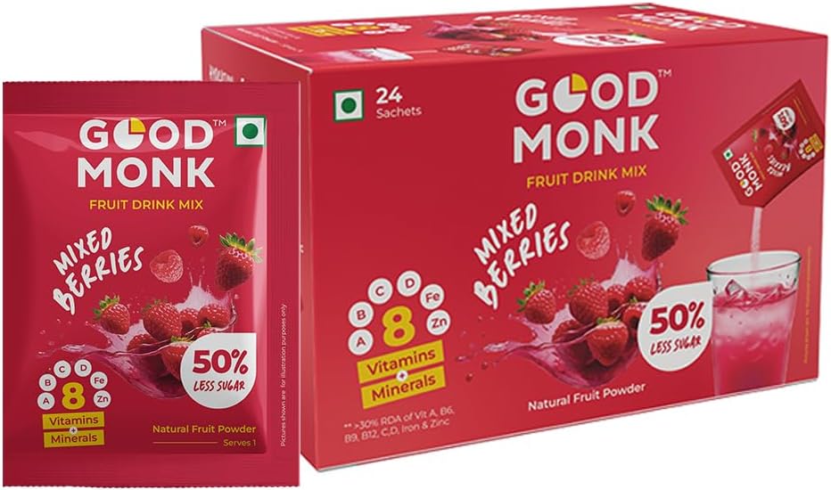 - Good Monk Fruit Drink Mix (Natural Mixed Berries Powder), 50% Less Sugar with 8 Vitamins & Minerals (Vitamin B12, C, D, Iron & more) | Tasty & Healthy Mix for Hydration, Energy, Immunity, 24 Sachets