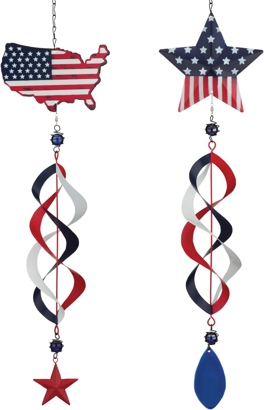 Regal Art & Gift Americana Hanging Wind Spinner Set of 2, Patriotic Kinetic Outdoor Decor, Weather-Resistant Polyester and Rubber Spiral Ornaments for Porch and Garden – 2Pc Star and Flag
