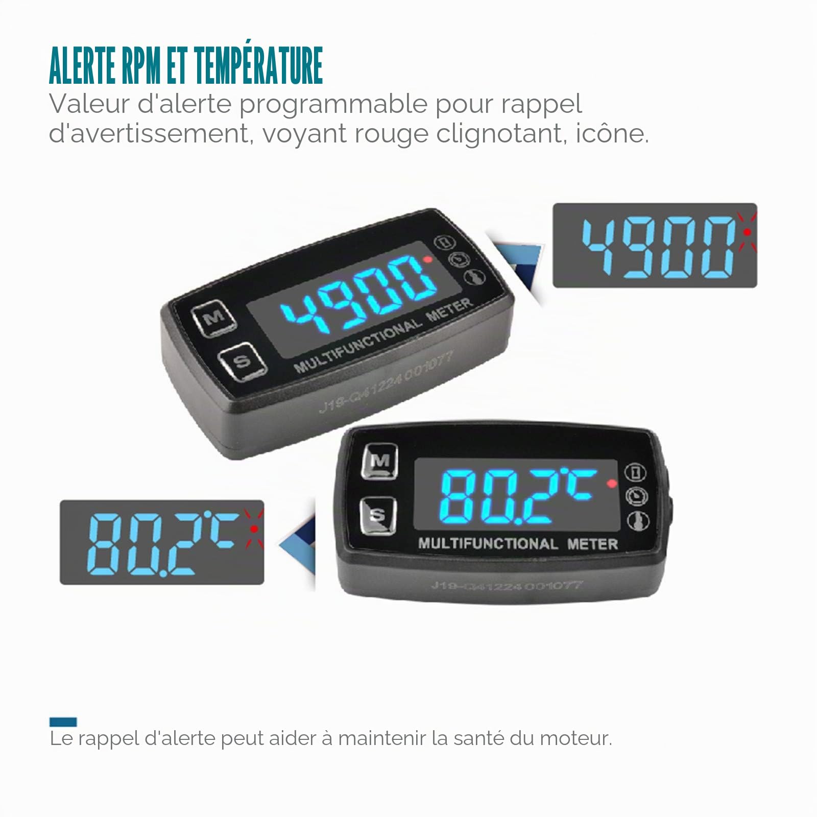 Runleader Compteur horaire LED numérique,affichage du régime et de la température,rappel de maintenance,fonctionnement à alimentation externe pour compresseur marin tondeuse-générateur