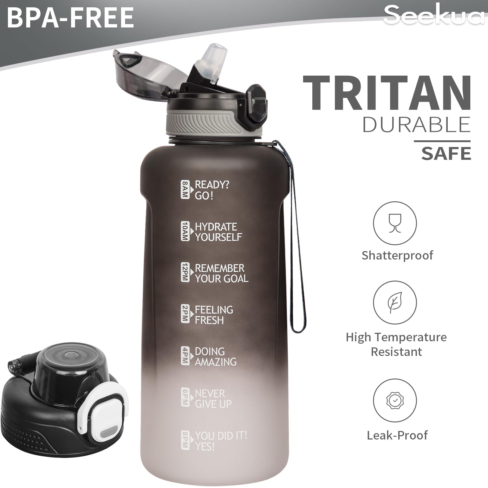 Seekua Sportiva Borraccia Motivazionale 0.6l / 1l / 2l con Cannuccia & Orari per Bere Grande Bottiglia Acqua Tritan per Palestra, Sport, 2 Coperchi, 2 litri