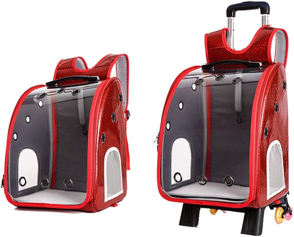 Pet Stroller Pet Trolley Backpack Box Dog Traveling Trolley Portable Transparent Pet Bag with Tie Rod (Red One Size)