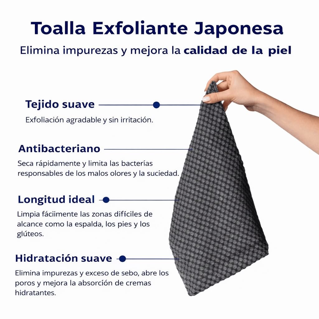 isamundo toalla exfoliante, antibacteriana para ducha con fibras de carbón de bambú y plata natural, toalla exfoliante japonesa suave de secado rápido para espalda cuerpo