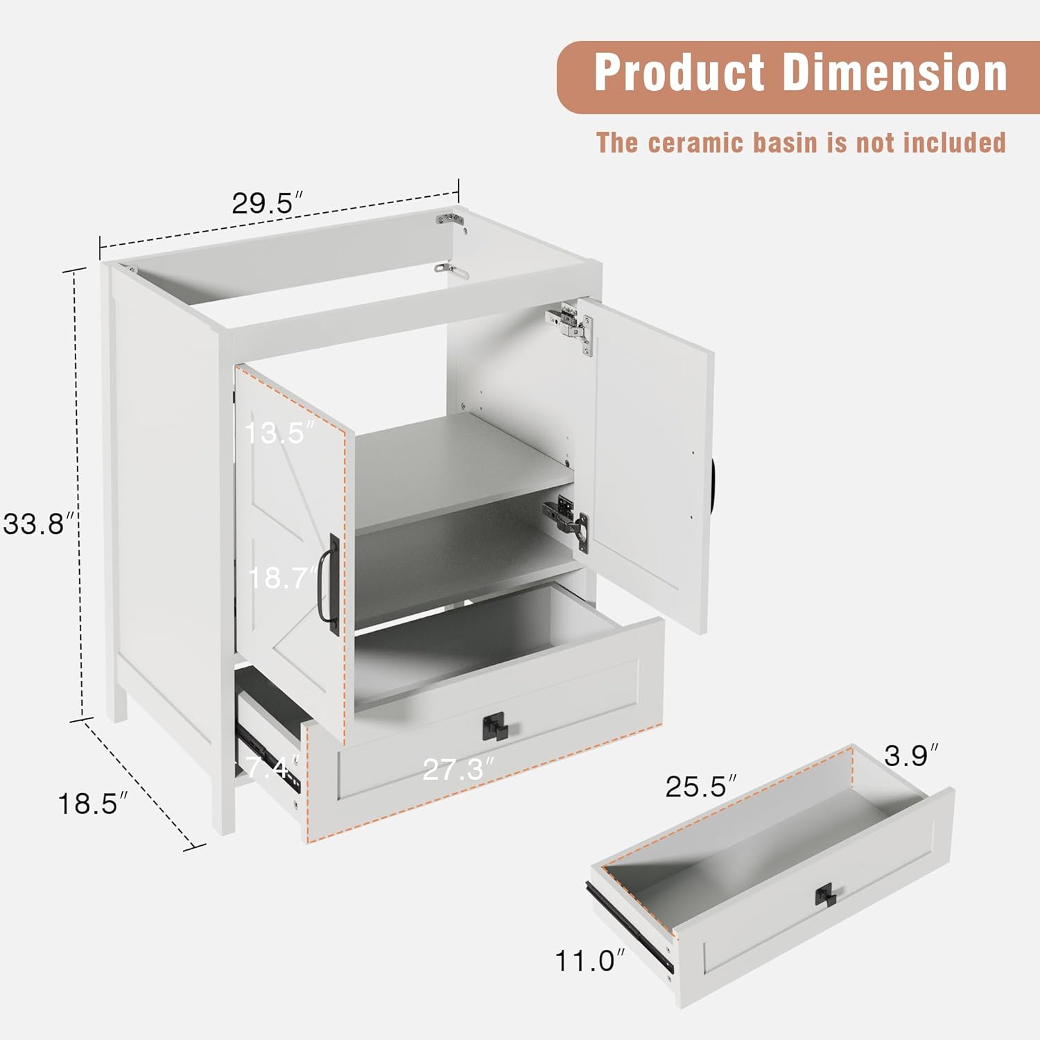 30" Farmhouse Bathroom Vanity Without Sink, Freestanding Vanity for Bathrooms (White, 30")