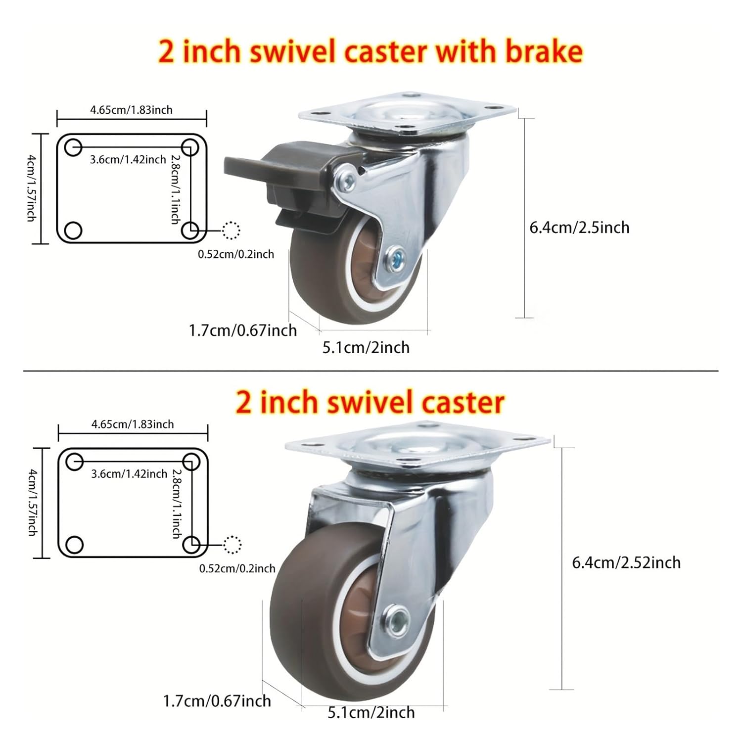 4個の高耐久2インチゴム製スイベルキャスター、360&deg;トッププレート、サイレントホイール耐荷重220ポンド、Furnitu用のスムー