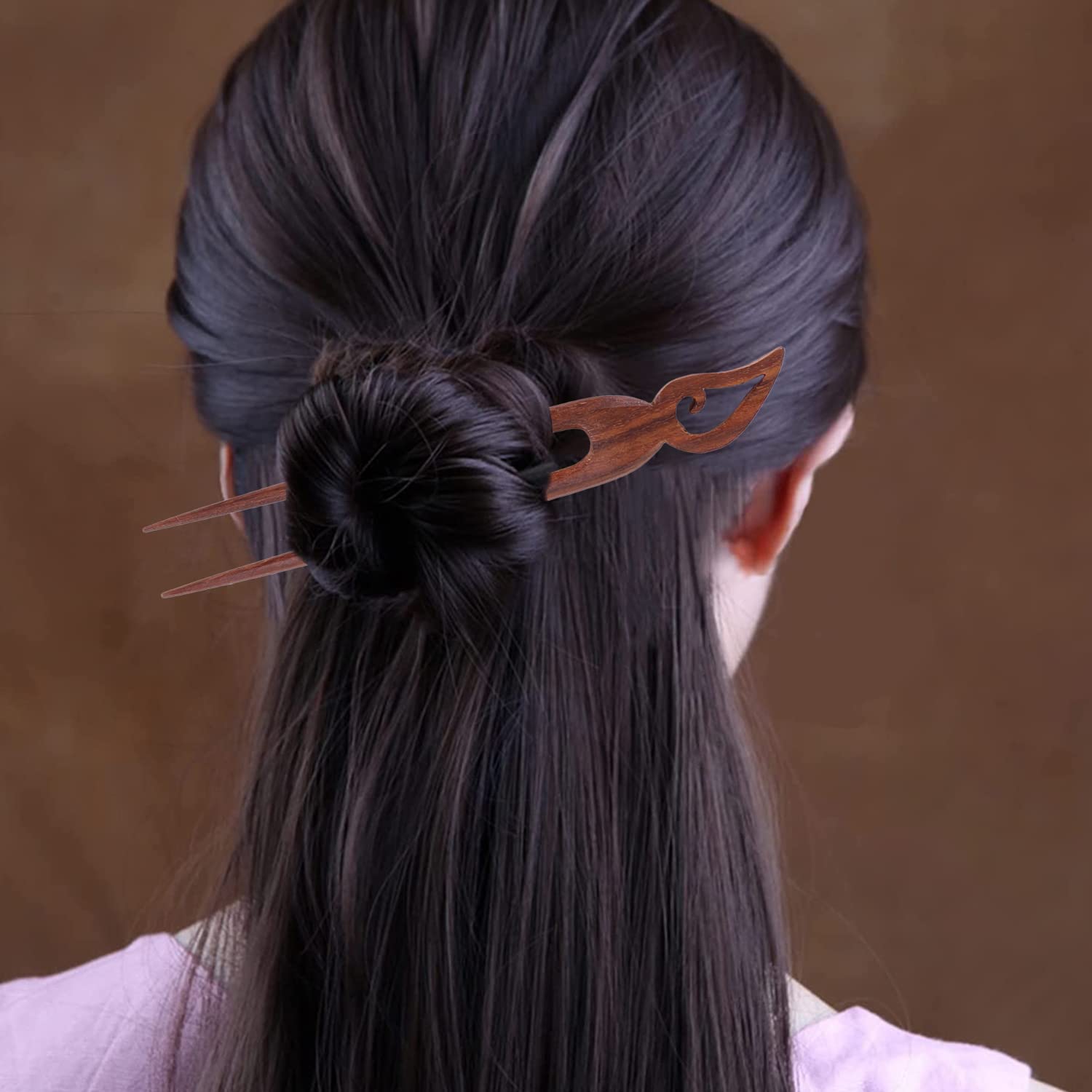 Zap impex 6 Pieces Wooden Hair Sticks Hair Clips Vintage Japanese Hair Pins for Rollers Hair Pins for Women Long Hair Chignon Maker (Brown) (Various Design) (Double Stick) - Image 2