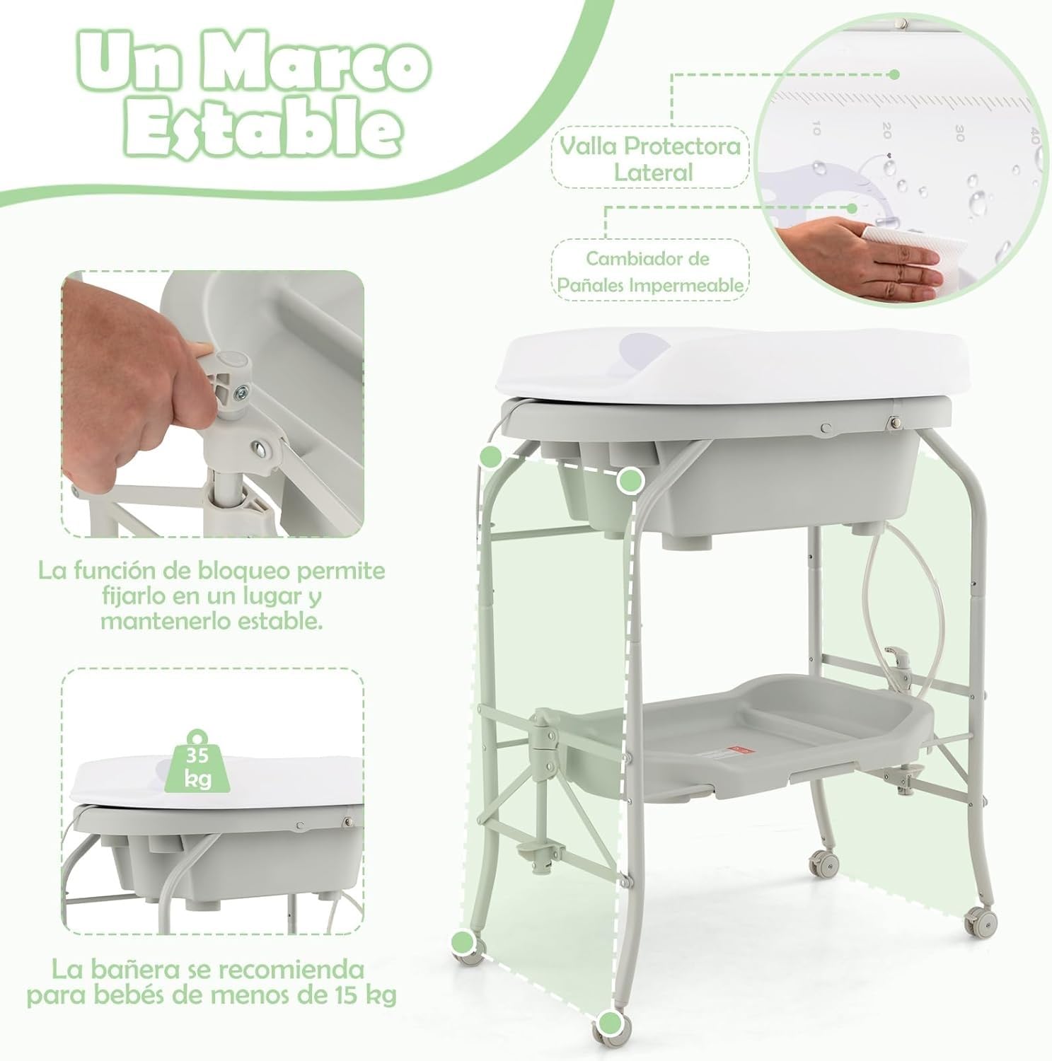 COSTWAY Bañera Bebe con Cambiador 4 en 1, Bañera Cambiador Bebe con Bandeja y 4 Ruedas Bloqueables, Cambiador Bebe Portátil y Plegable con Cesta de Almacenaje, Cojín Impermeable,Carga 35kg(Gris Claro)