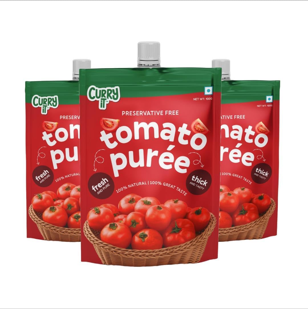 Tomato Puree | Made With 100% Fresh Hand Picked Tomatoes | No onion & Garlic | Tomato Paste For Cooking Pasta & Curries | No Added Preservatives or Colors | Pure & Natural (100g x 3) 300g