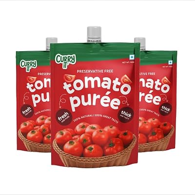 CURRYiT Tomato Puree (100g x 3) 300g | Made With 100% Fresh Hand Picked Tomatoes | No onion & Garlic | Tomato Paste For 