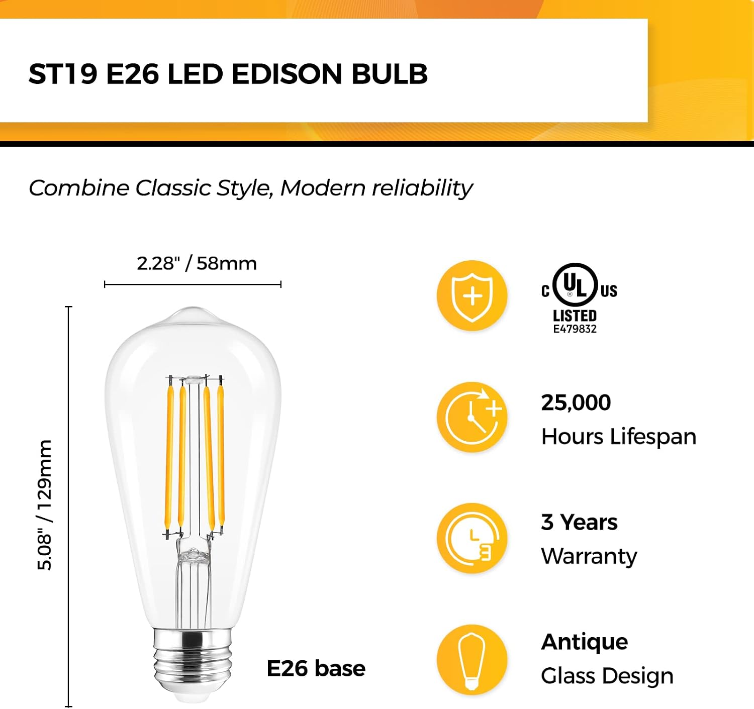 Hizashi Dimmable E26 LED Bulb 60 Watt Edison Bulbs 2700K Warm White, ST19 Vintage Light Bulbs, 95+CRI, UL Listed,700LM 6W E26 Medium Base, Clear Glass, Pack of 6
