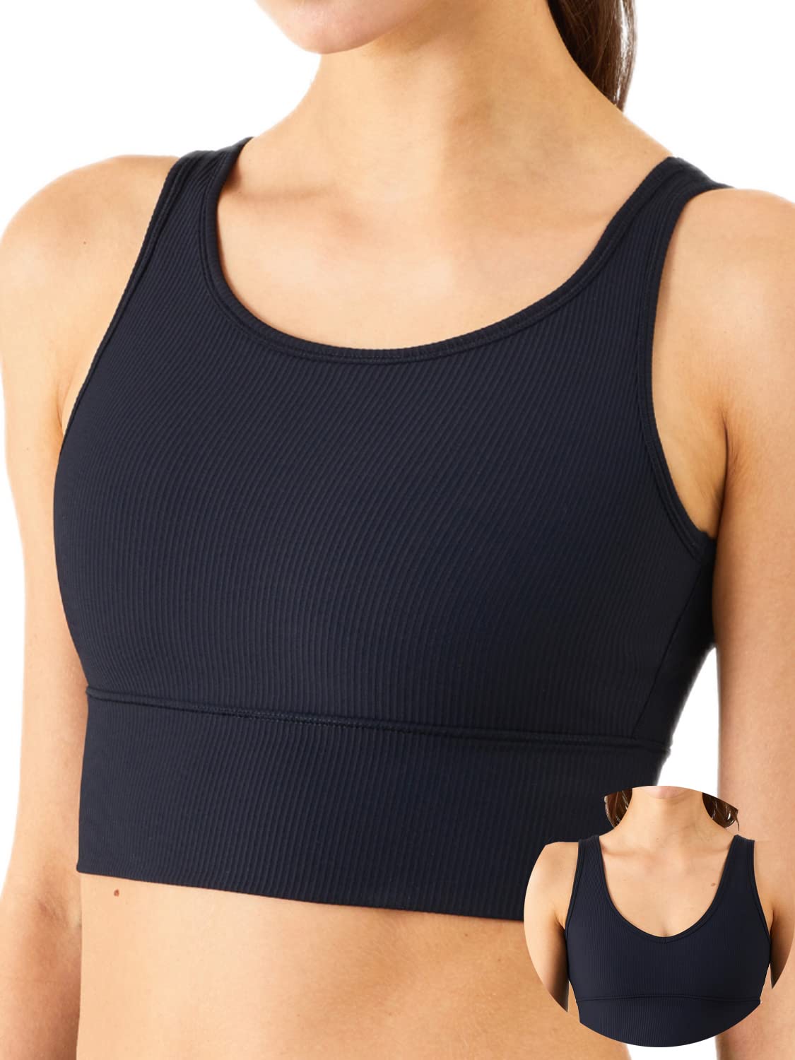 Longline Reggiseno Sportivo Canotta Reggiseno Top per le Donne Senza Soluzione di continuità Reggiseno Sportivo a Costine Top di Allenamento Imbottito Crop Top, U-nero, L