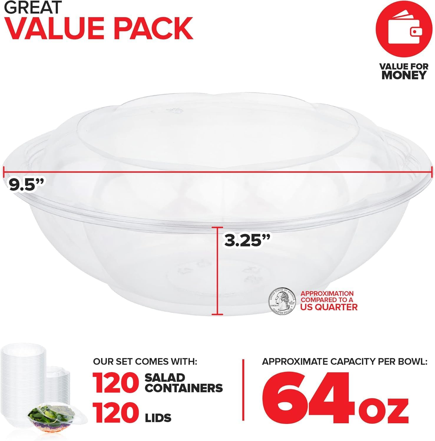 Stock Your Home 64 oz Clear Plastic Salad Bowls with Lids Disposable 120 Pack, Extra Large Takeout Containers for Fruit Salads Meal Prep and Parties