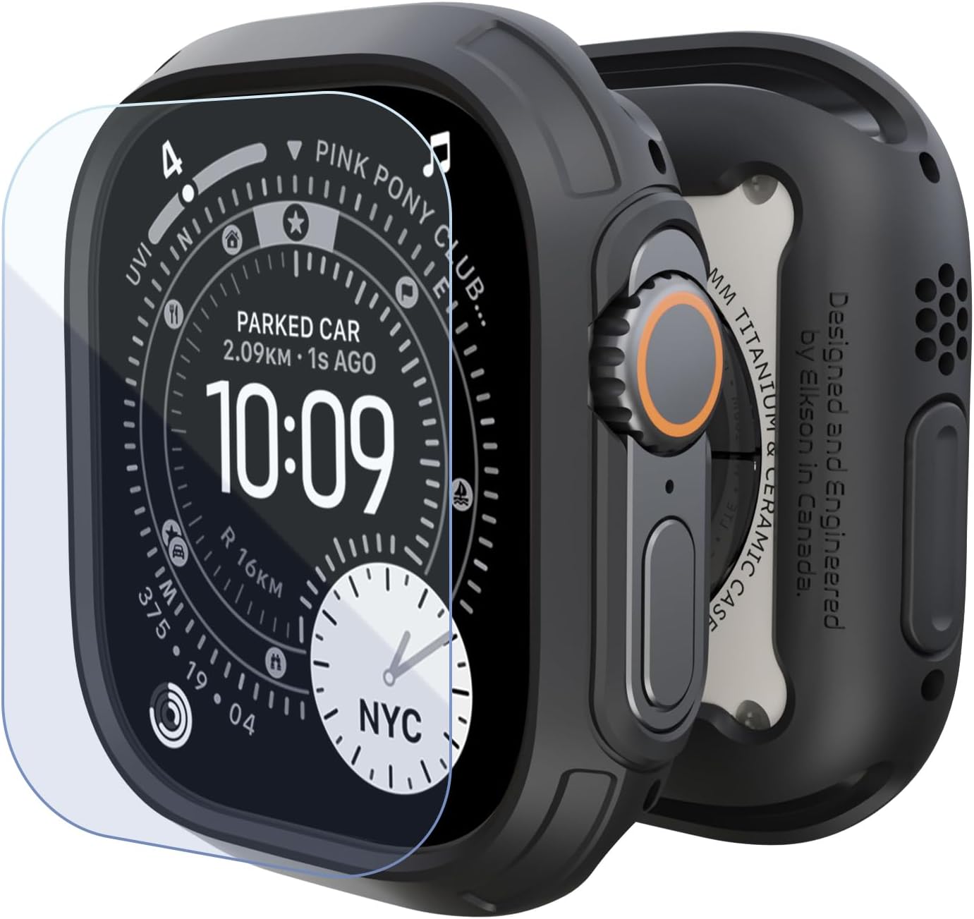 elkson for 49mm Apple Watch Ultra 3/2/1 Bumper Case with Screen Protector Tempered Glass, Quattro Max Series Rugged for iWatch, Military Grade Durable Protective Cover, Flexible Shockproof, Black