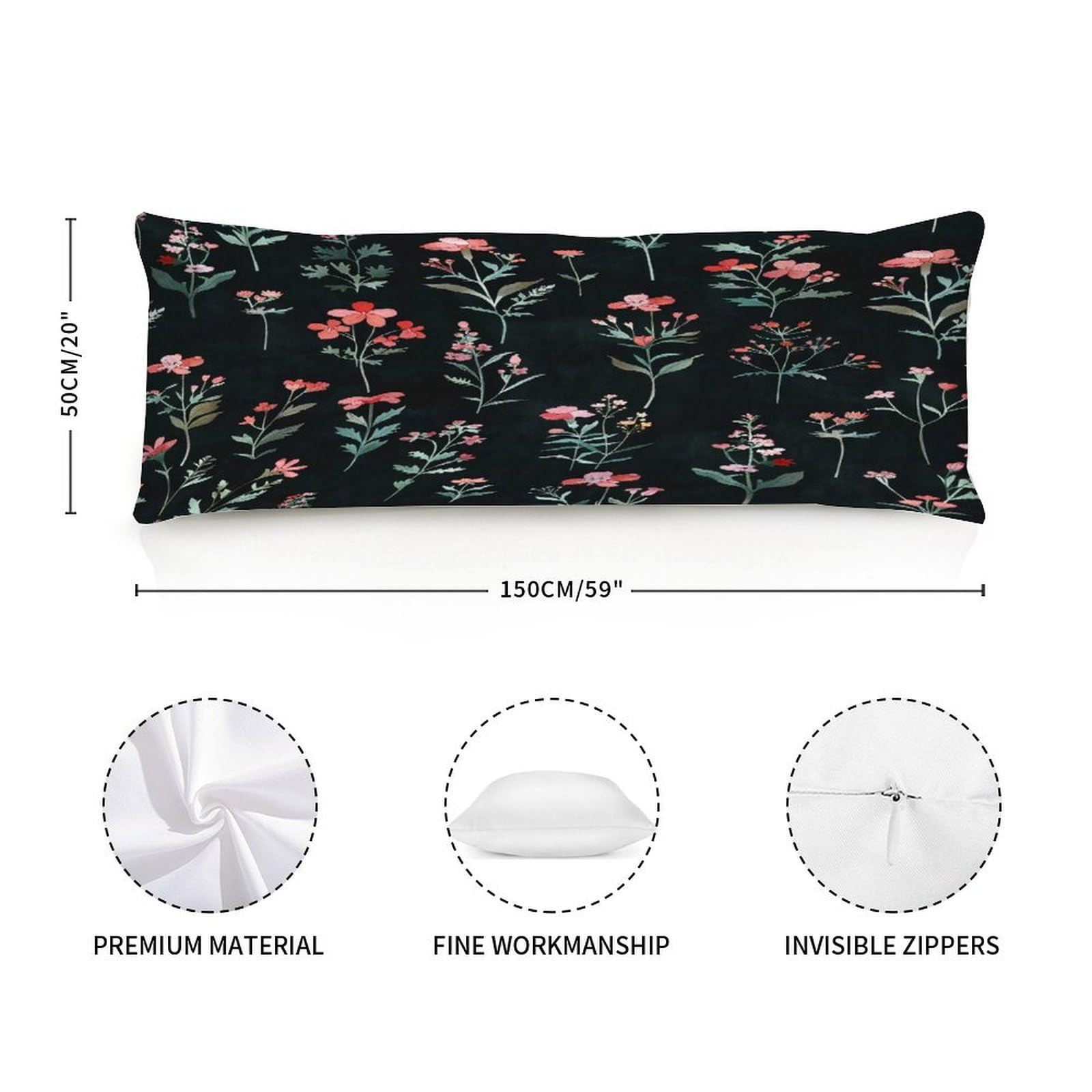 Long Pillow for Sleeping,Botanical Floral Long Body Pillow with Zipper 20x59in,Decorative Rectangle Body Pillowcase Case for Bedding Bedroom Sofa Couch Home Decoration