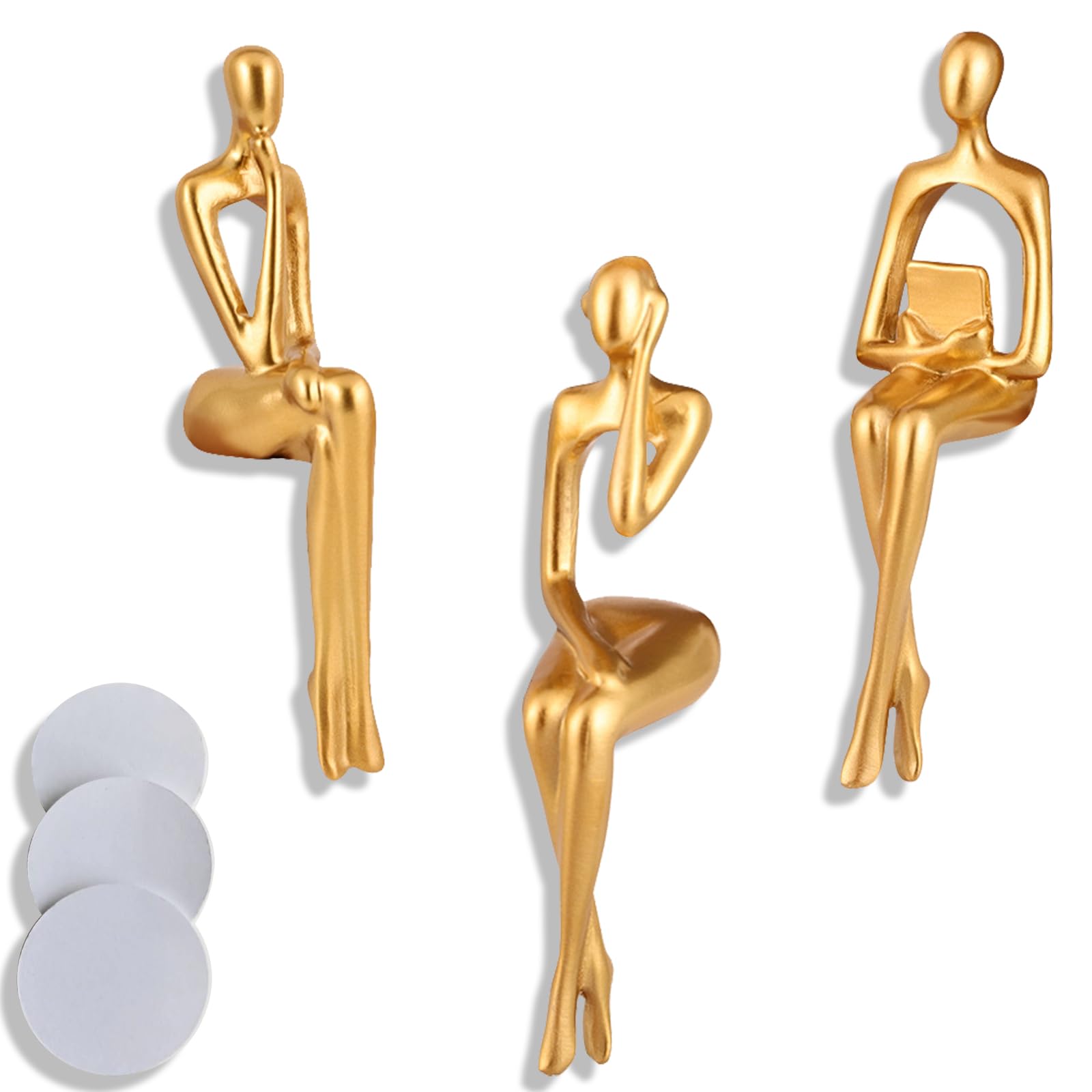 Thinker Statue Gold Decor, Abstract Art Sculpture. Golden Resin Figurines for Home Living Room Office Shelf Bookshelf bathroom Decoration 【3 pcs Double-sided sticker】
