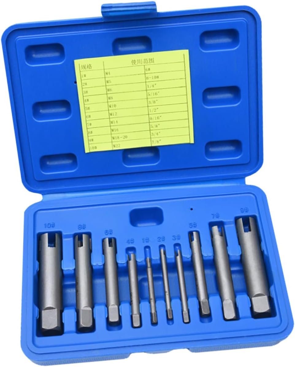 VILLCASE 10Pcs Screw Extractor Set Broken Tap Removers for Damaged Bolt and Screw Extraction Durable Design for Home Repair and Industrial Use Includes Storage Box