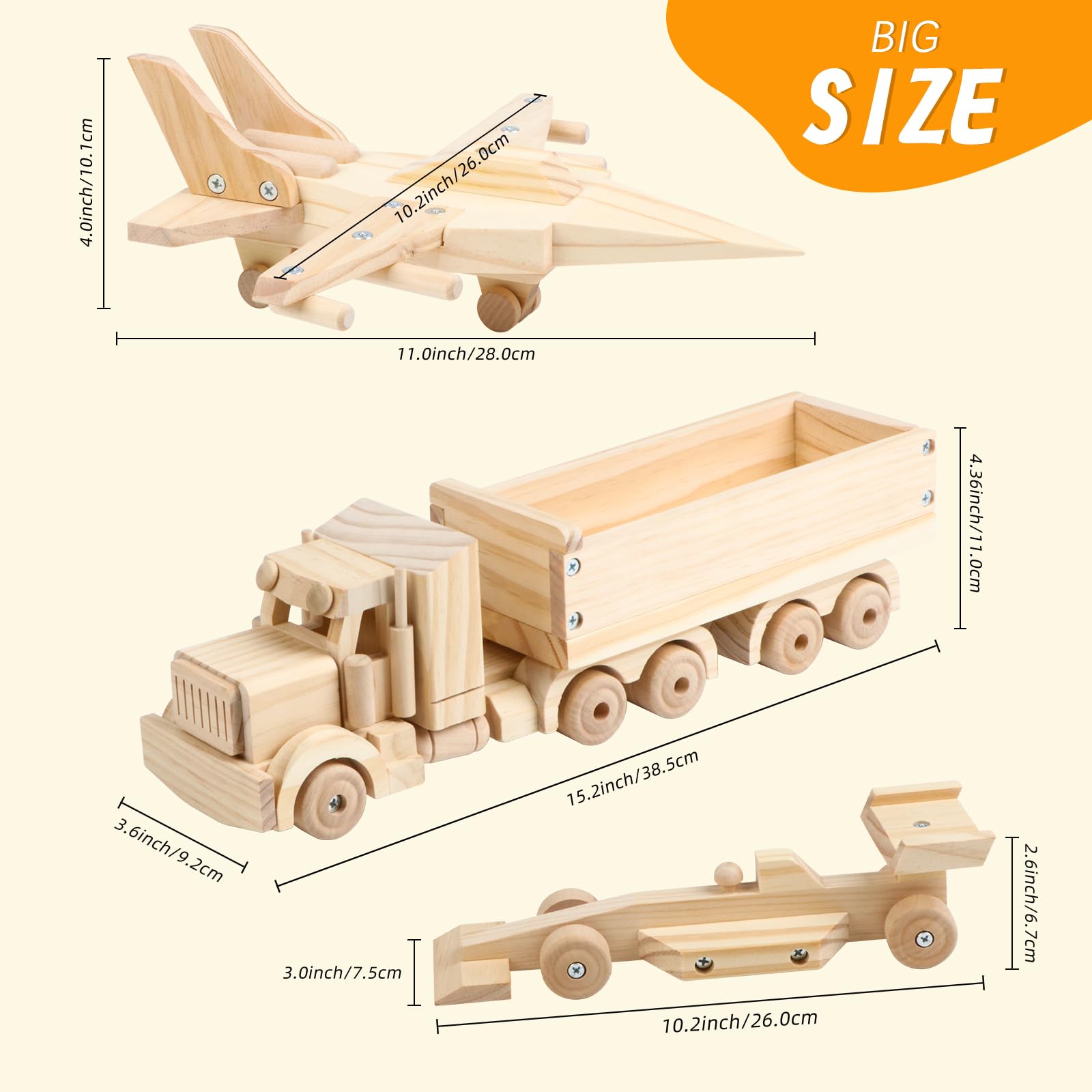 Jacootoys Juego de construcción de madera para niños, juego de construcción de madera para niños, kit de construcción de madera con pinturas y pinceles para niños y niñas, avión de combate, camión | STEM - Kit de pintura y pinceles para niños, juguete de