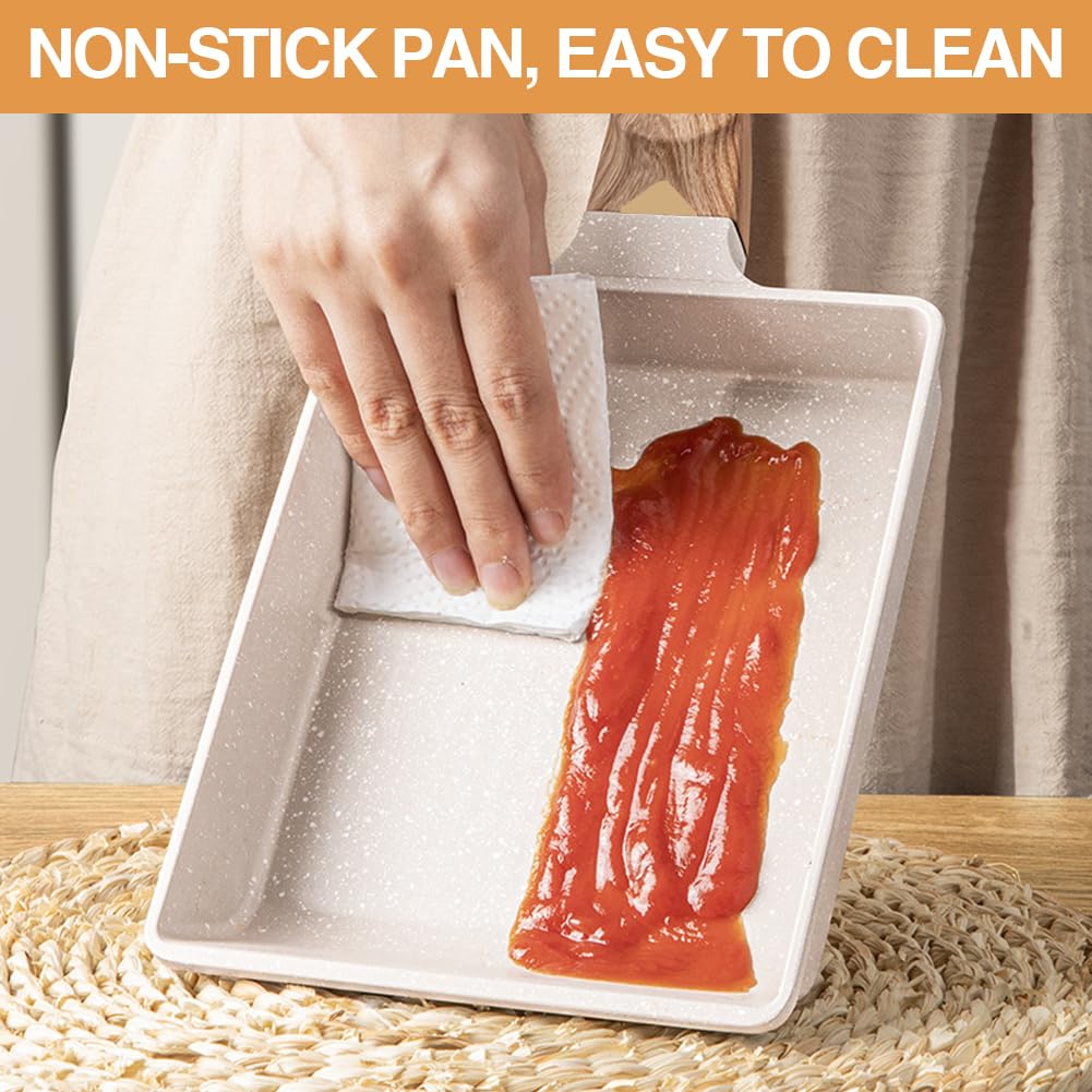 RANJIMA Padella per Omelette Giapponese Tamagoyaki, Padella Rettangolare per Frittata Antiaderente per con Manico in Legno e Spatola in Silicone, per Cottura a Induzione e a Gas, 19 x 16 cm, Bianco