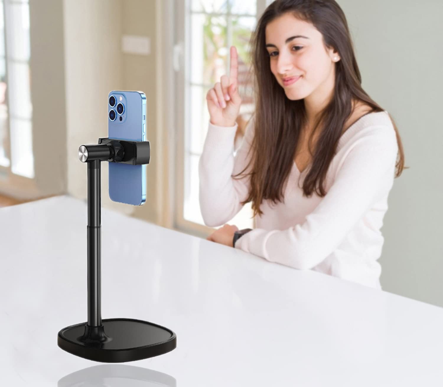 Kaishuai Supporto telefono,porta cellulare,Regolabile in altezza Supporto telefono scrivania,supporto smartphone rotante multiangolare per supporto per riprese fotografiche piatte (Nero)