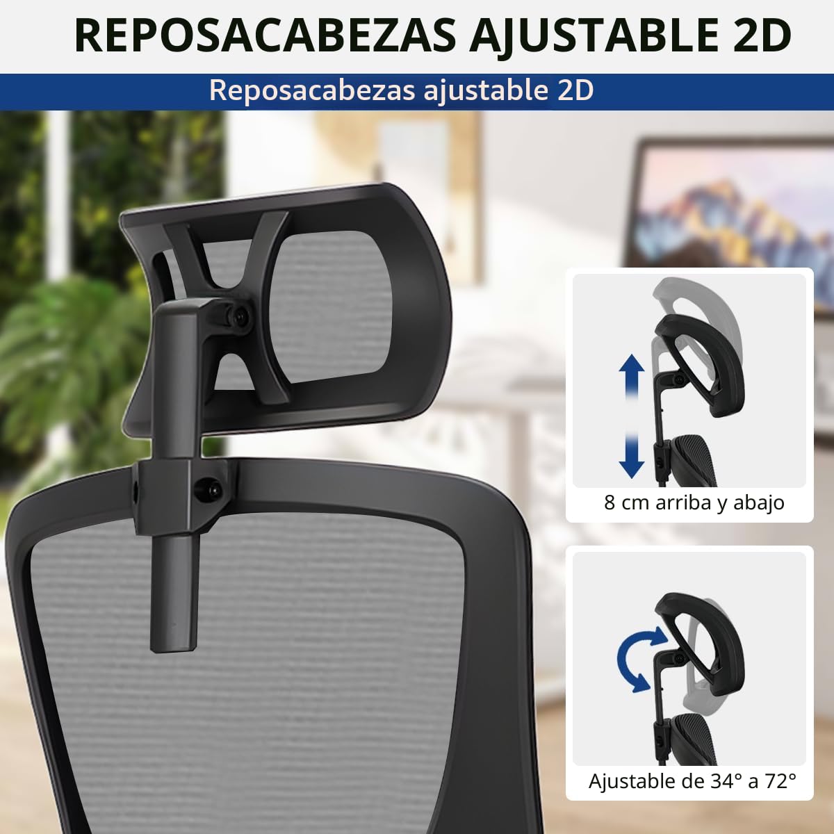 Durrafy Silla de Oficina Ergonómica, Reposacabezas y Soporte Lumbar Ajustables, Malla Transpirable, 120° Inclinación（No se Puede Bloquear）, 360° Giratoria, Carga 150kg. (Negro)