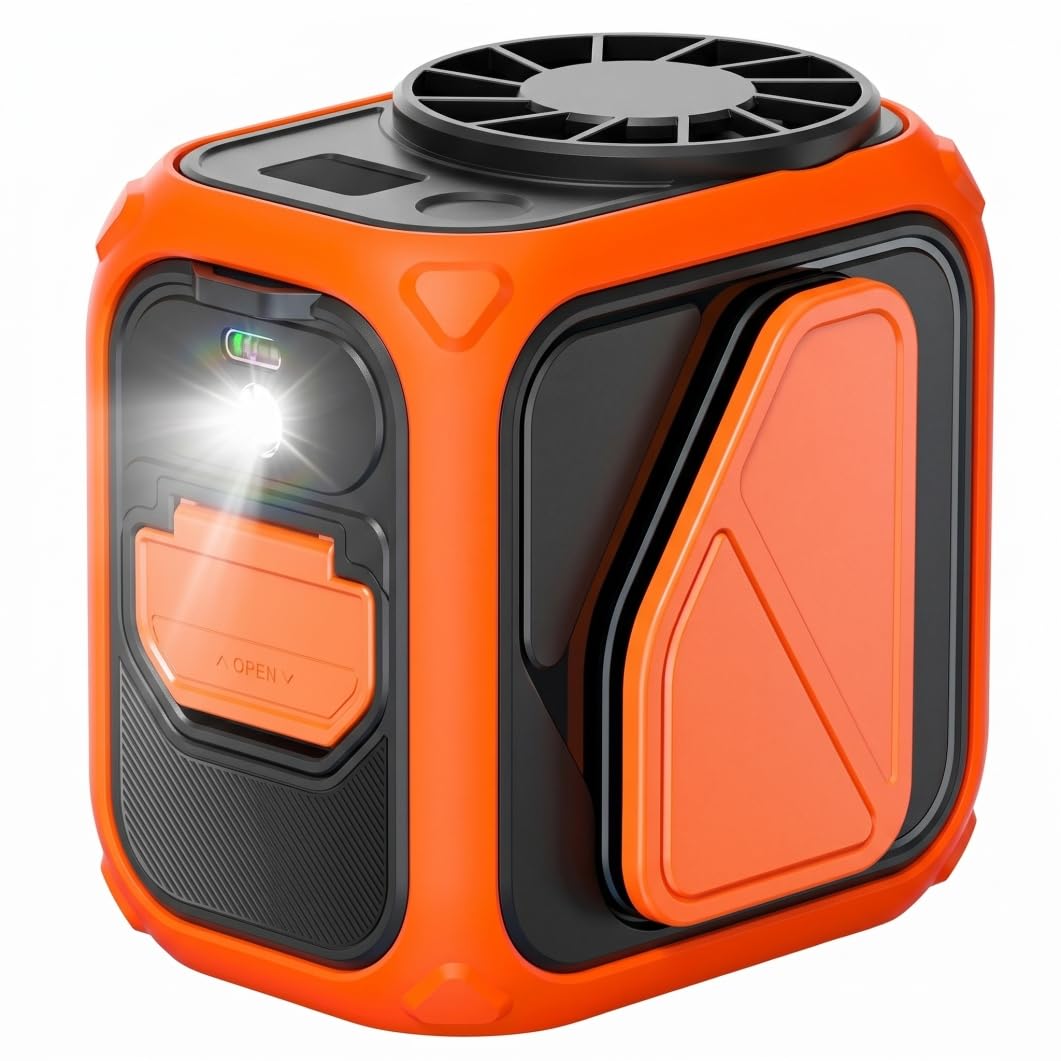 Ventilatore da cintura, piccolo ventilatore portatile con clip in vita con 100 velocità del e luce LED, uso multiscena per campeggio, ciclismo, corsa, pesca, arancione, clip in vita