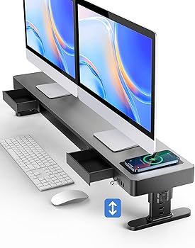 meatanty Supporto doppio monitor 4 altezze regolabili, tappetino ricarica auto. per telefono, 4 porte USB, alzata PC con cass., doppio organizer metallo