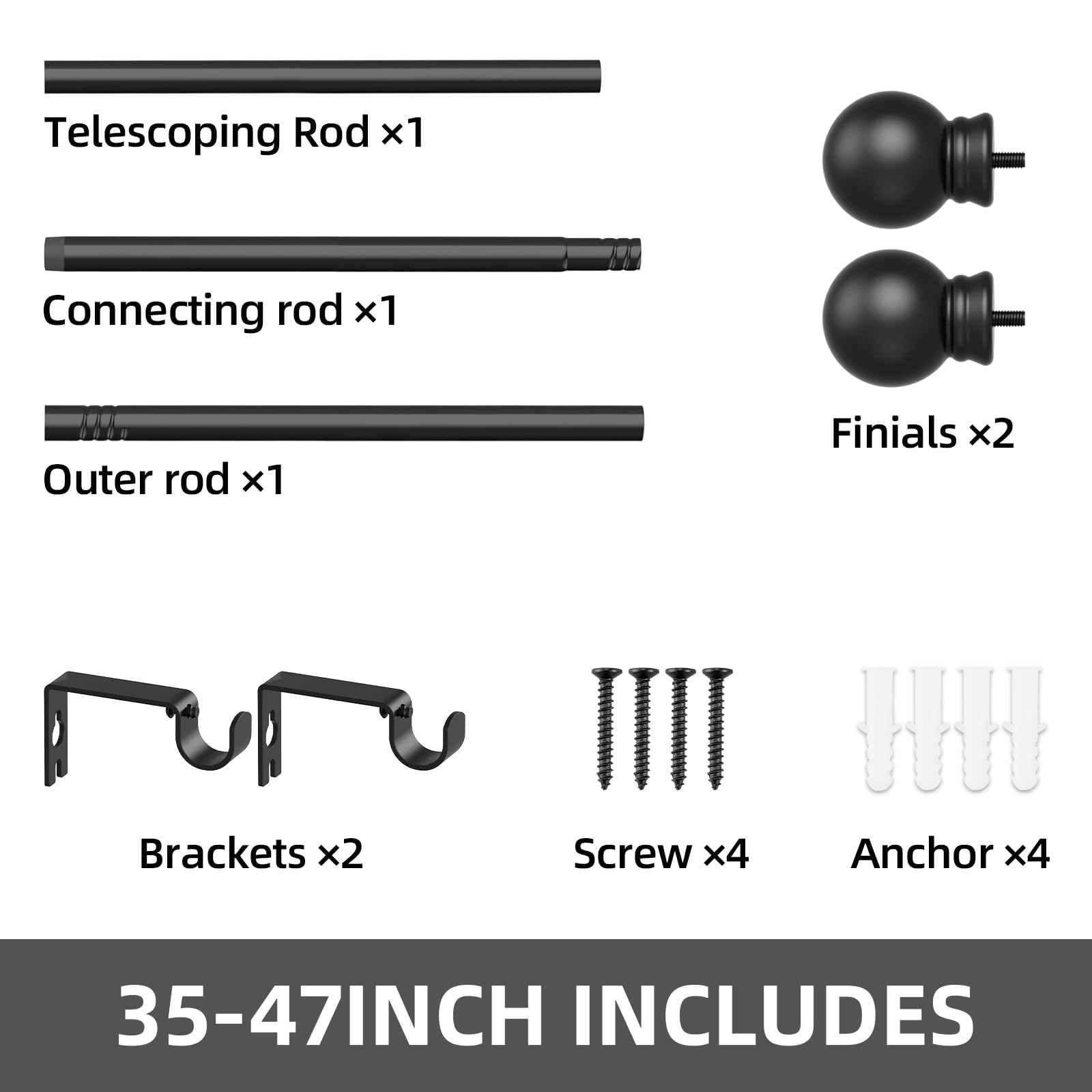 Matte Black Metal Curtain Rod Set 32-48 inch L1672
