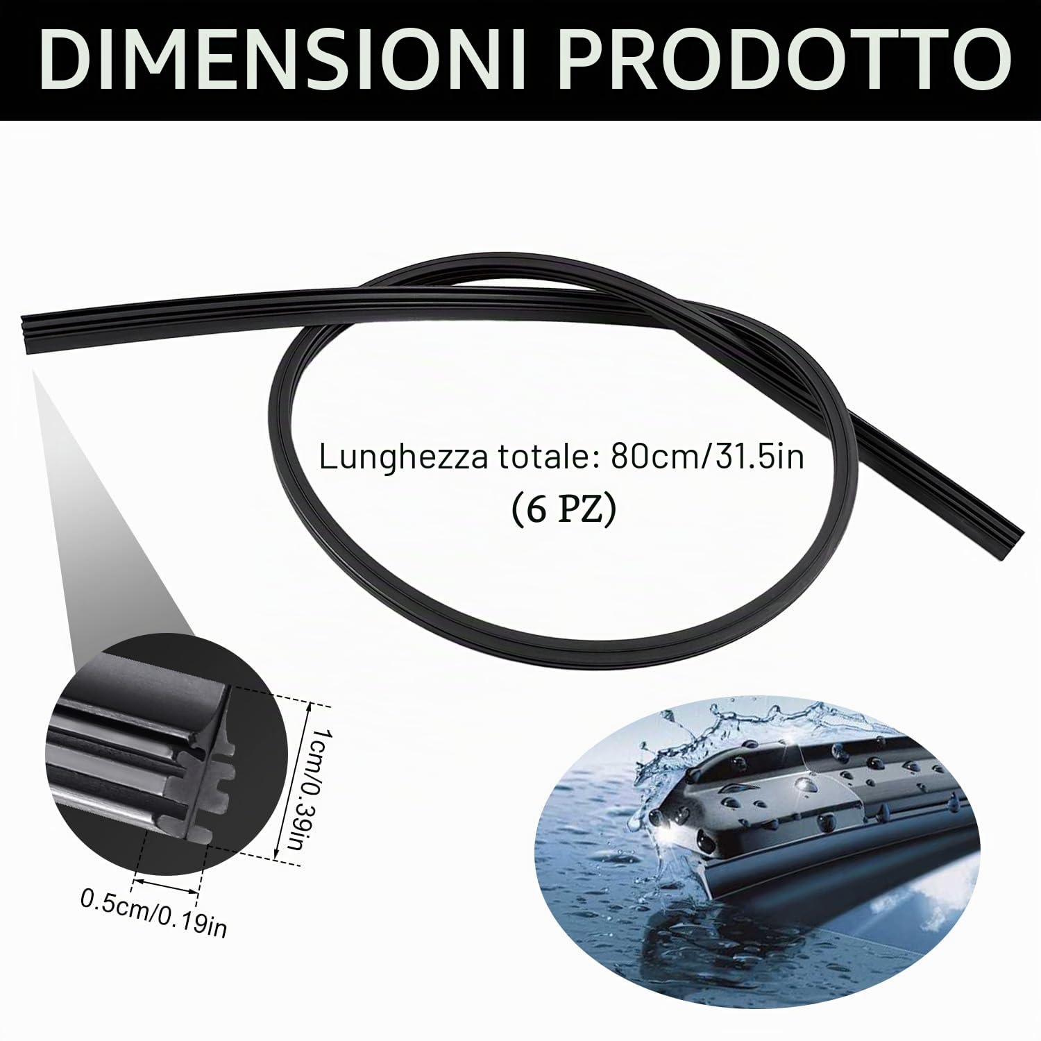 6 gomme per tergicristalli, al metro, in gomma, universali, compatibili con tutti i tergicristalli (800 mm)