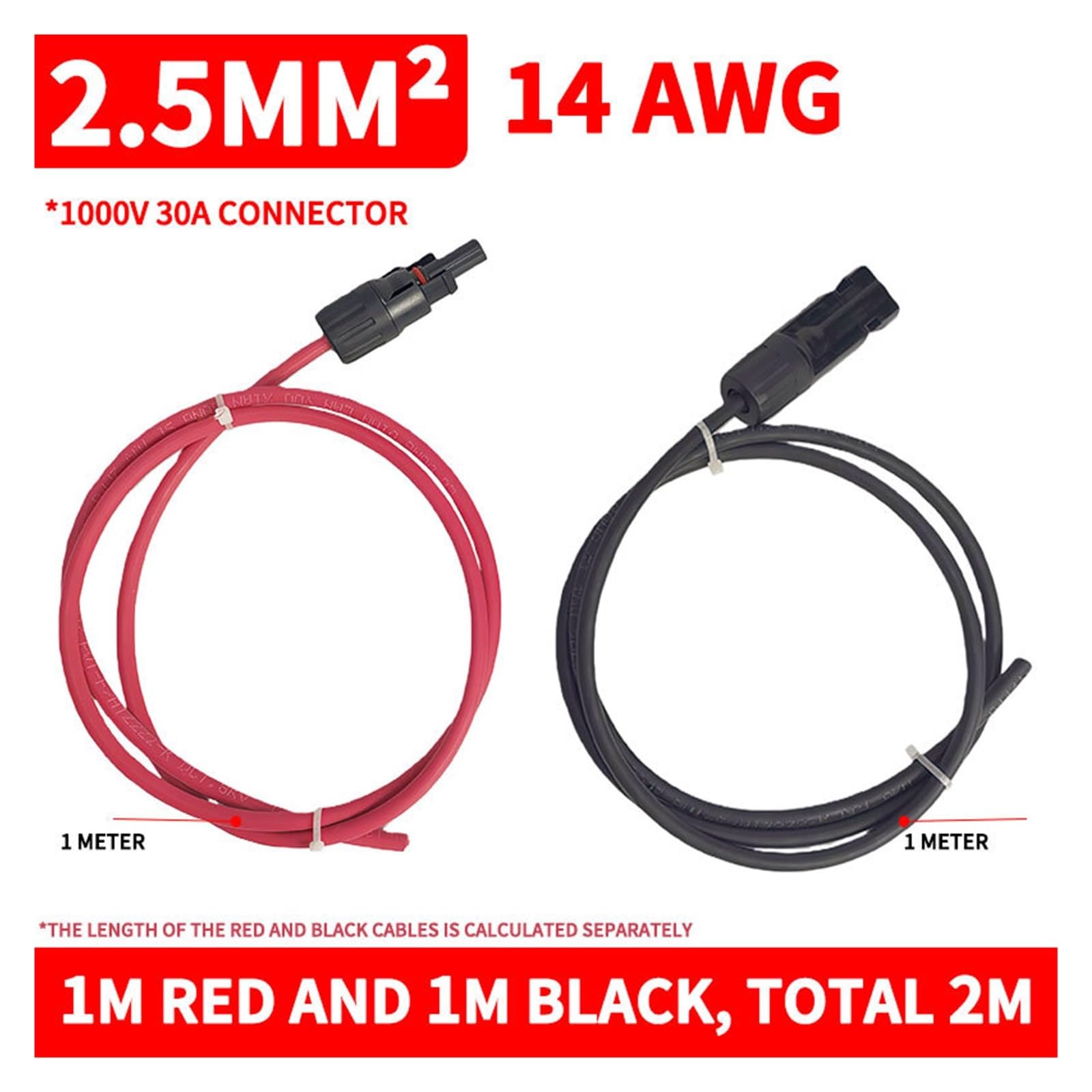 Złącza męskie i żeńskie z kablami Przedłużacz 4//2,5 mm² Kabel do panelu słonecznego PV1-F, wodoodporne złącze DC, para męska i żeńska do systemu fotowoltaicznego (Single 12AWG 2m)
