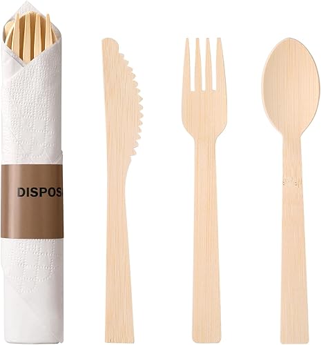 Juego de 25 cubiertos de bambú prerolled (6.7 pulgadas, 25 tenedores, 25 cucharas, 25 cuchillos, 25 servilletas), tenedores, cucharas y cuchillos