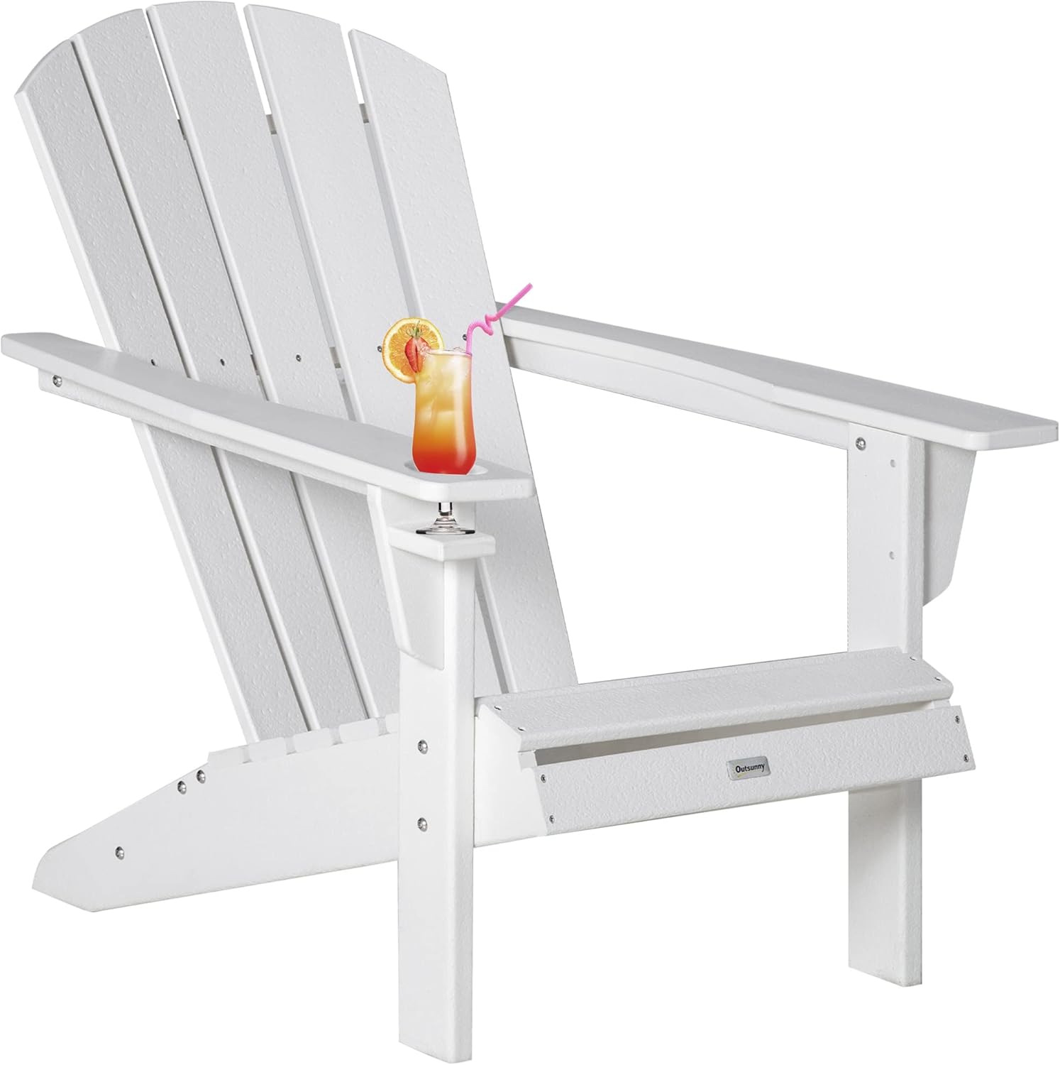 Outsunny Adirondack Chair with Cup Holder, All Weather Patio Chair HDPE Lounger, Fire Pit Seating High Back and Wide Seat for Outdoor, Backyard, Garden, Deck, Lawn, White