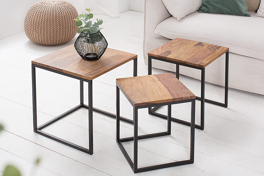 invicta INTERIOR Beistelltisch 3er Set Elements Sheesham Metall schwarz Satztische Tischset Couchtische Beistelltische Wohnzimmertische