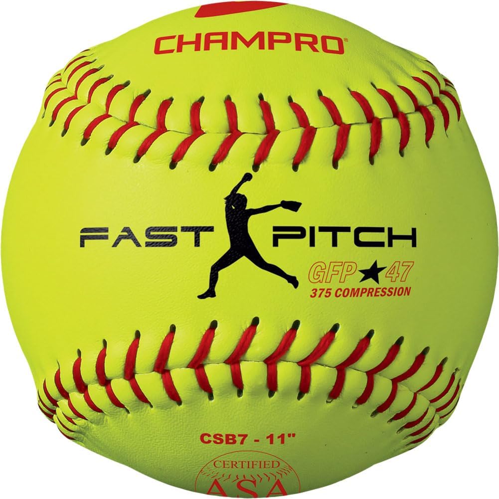 Champro ASA Fast Pitch .47 COR 375 Compression Poly Synthetic Cover Red Stiches Optic Yellow 12 PK