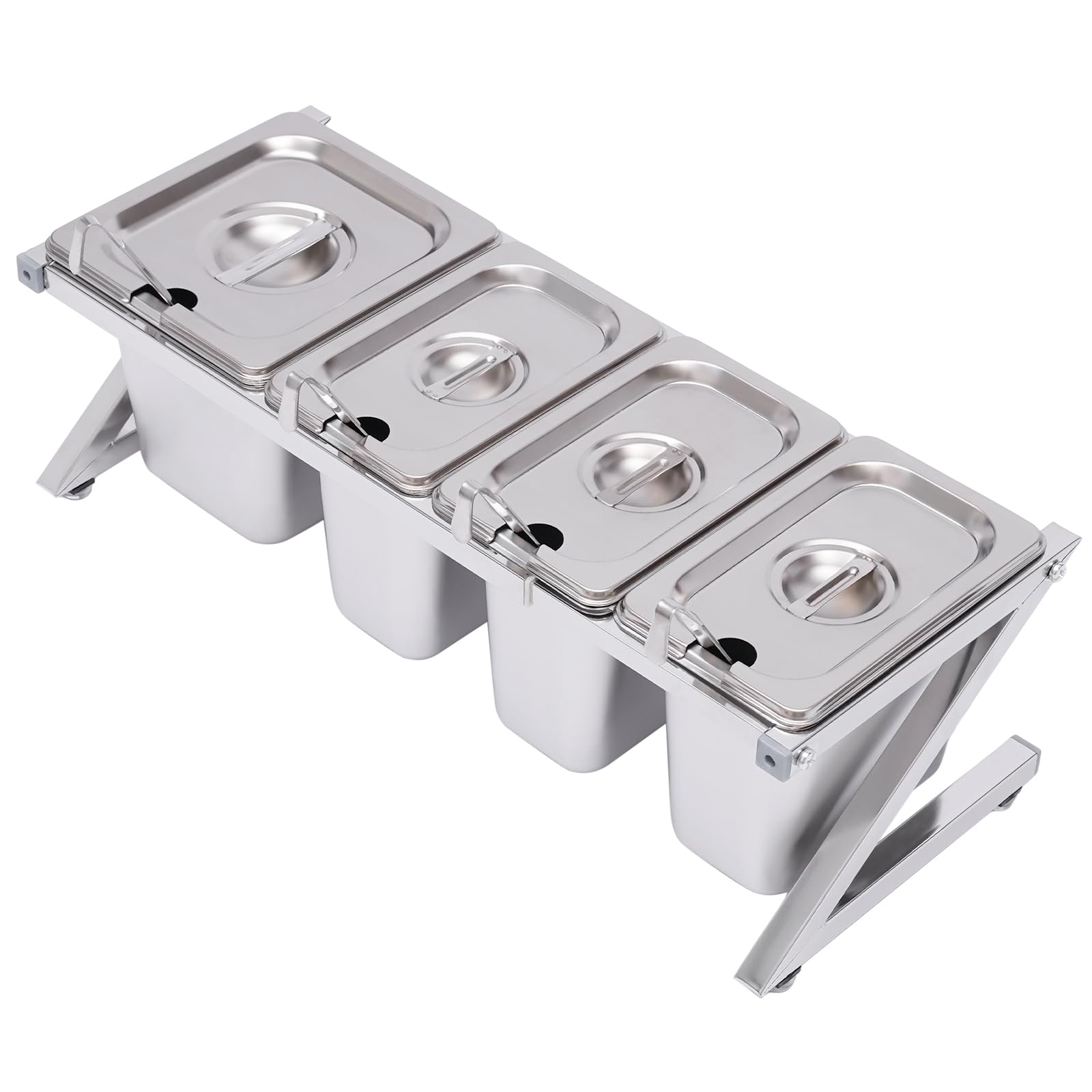 Especiero extensible ajustable – Estante de acero inoxidable de 14.1 a 23.6 pulgadas con sartenes de 3 x 1/9 y 1 x 1/6 y 4 cucharones – Soporte ideal para encimera para salsas, ingredientes y frutas