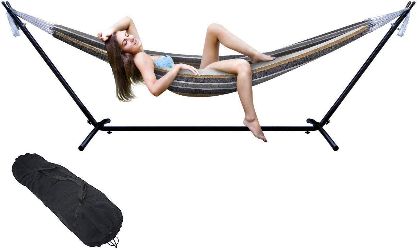 COLIBROX Double Hammock Two Person Adjustable Hammock Bed with Space Saving Steel Stand Includes Portable Carrying Case, Easy Set Up (Desert)
