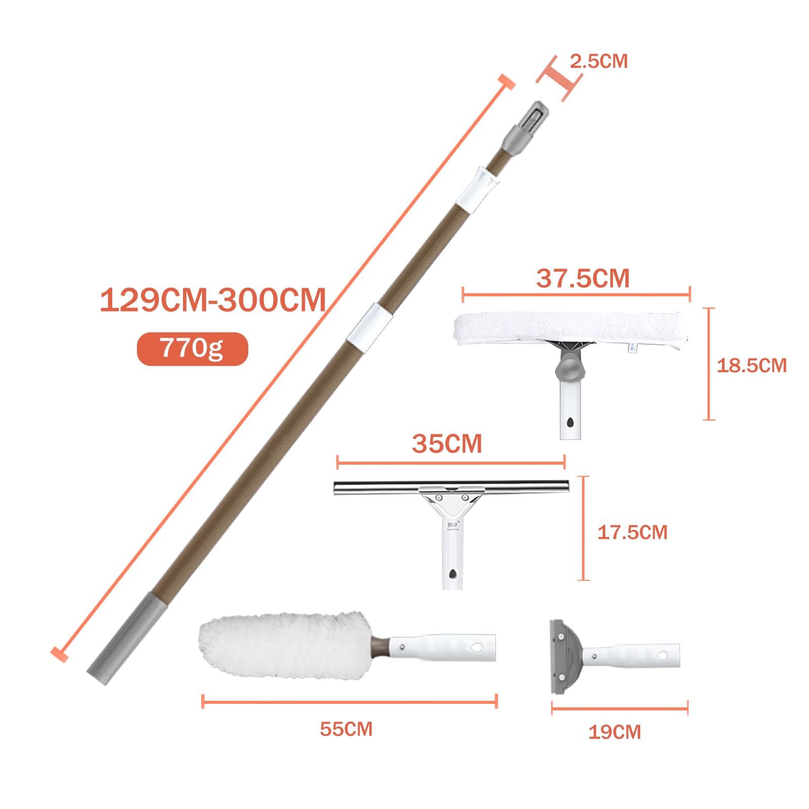 300cm Alliage d'aluminium Raclette Vitre Télescopique | Raclette Vitre 35CM | Raclette Vitre Télescopique | Professionnel Kit Nettoyage Vitre | Balai Raclette de Sol Vitre Douche[1.29M-3M]