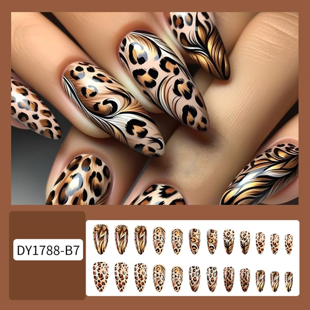 24 Pieces Long Almond Leopards Glossy False Nails Full Covers Stick on Nails Winter Nails Art Decoration