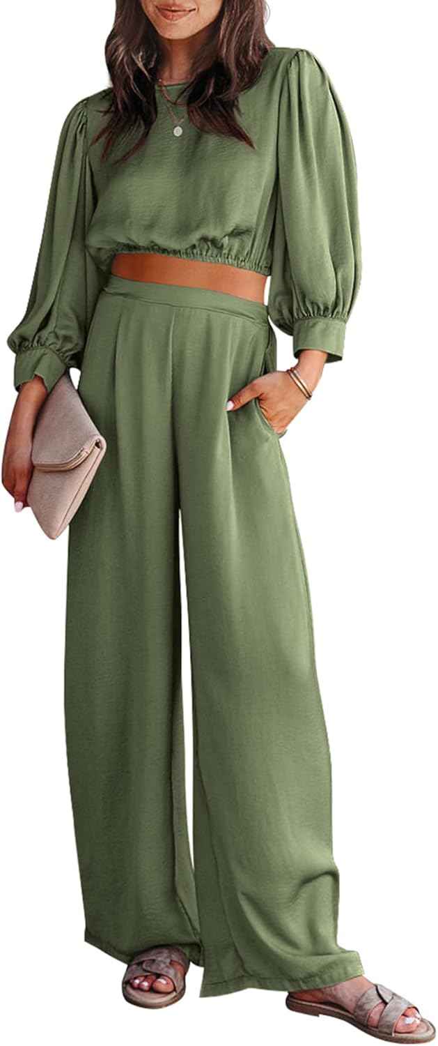 PRETTYGARDEN Women's 2 Piece Satin Outfits 2024 Spring Casual Puff Sleeve Crop Tops Blouse And Long Palazzo Pants Set (Army Green,XX-Large)