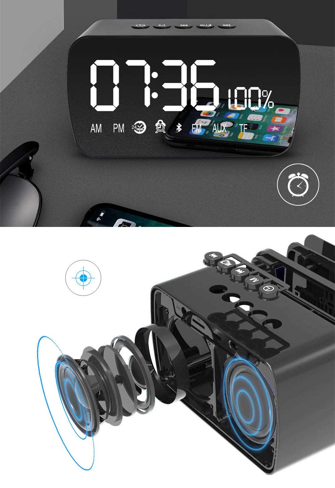 HD LED Espejo Despertador, Altavoz Bluetooth Inteligente Despertador Radio Silencio Electrónico Snooze Cube Altavoz Despertador Radio Digital Reloj