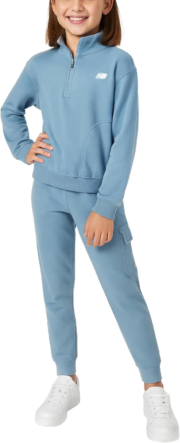 New Balance Girls Sweatsuit Set - 2 Piece Quarter Zip Girls Sweatshirt and Cargo Sweatpants - Athletic Outfit (Sizes 7–12)