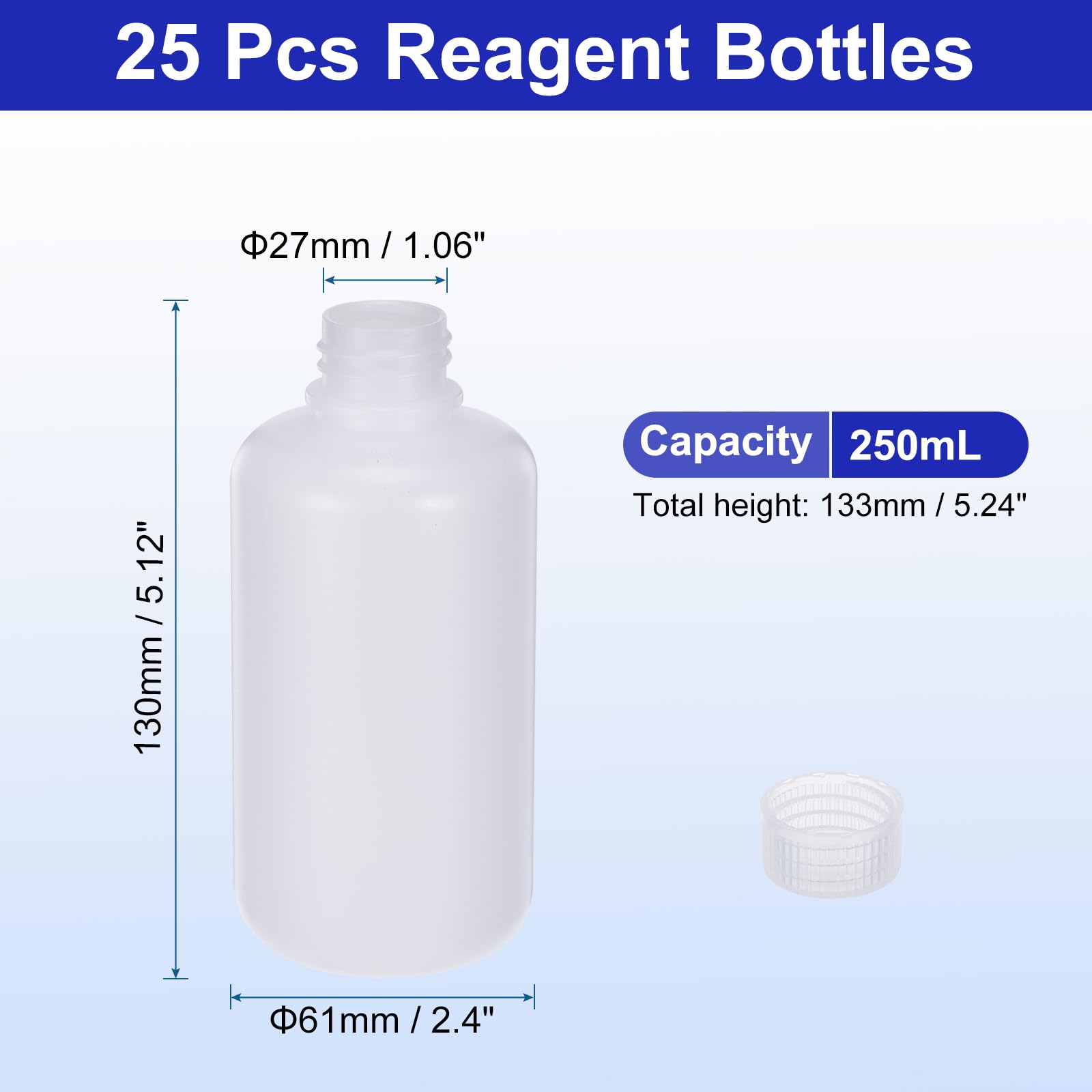 PATIKIL 25Pz 250ml Bottiglie Reagenti, Bottiglie a Bocca Rotondo Stretta HDPE Tappo Vite per Conservare Acqua Liquidi e Campioni Solidi Contenitore da Laboratorio, Bianco Traslucido