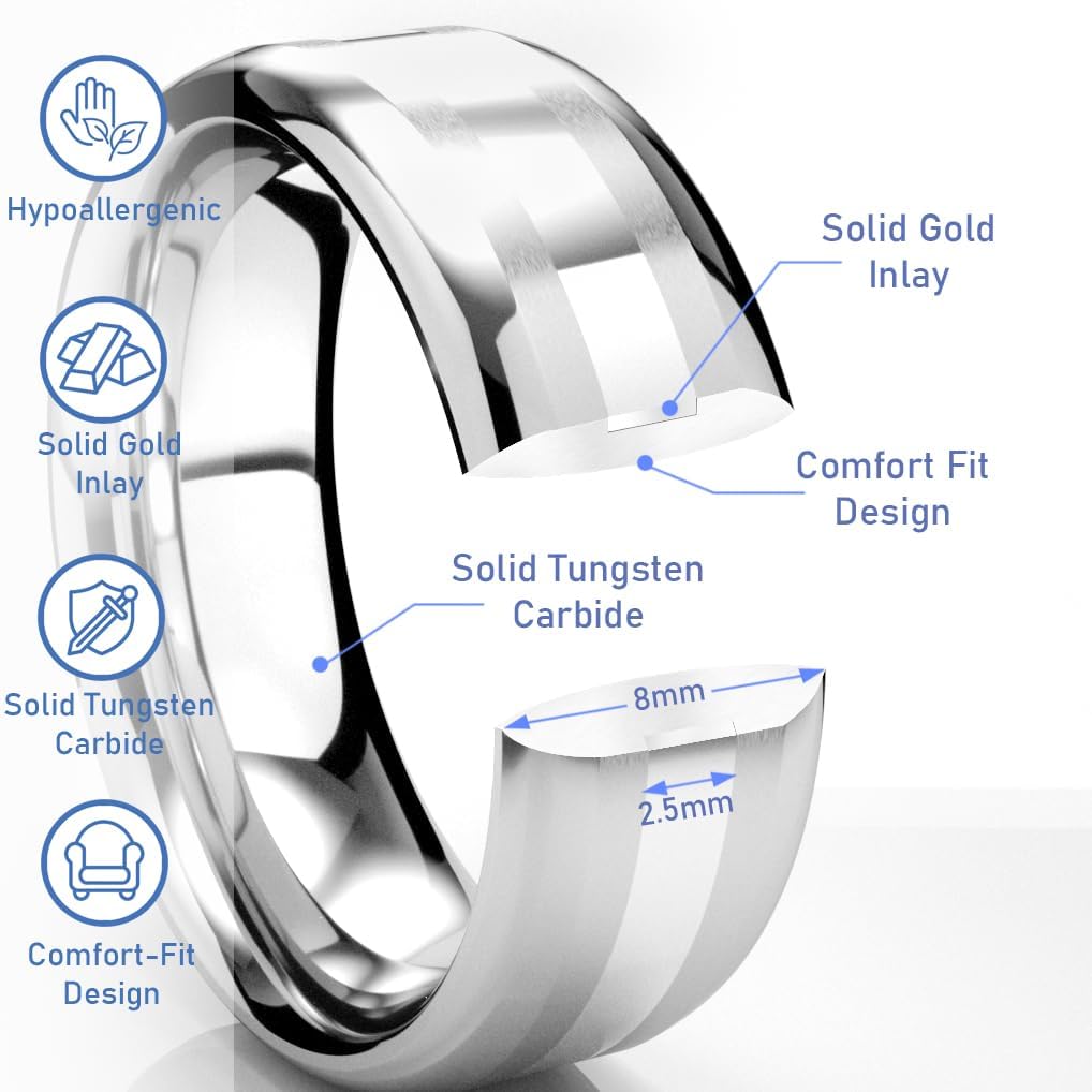 Kobelle 8MM Tungsten Carbide 14K White Gold Inlay Wedding Band Ring Size 5-14