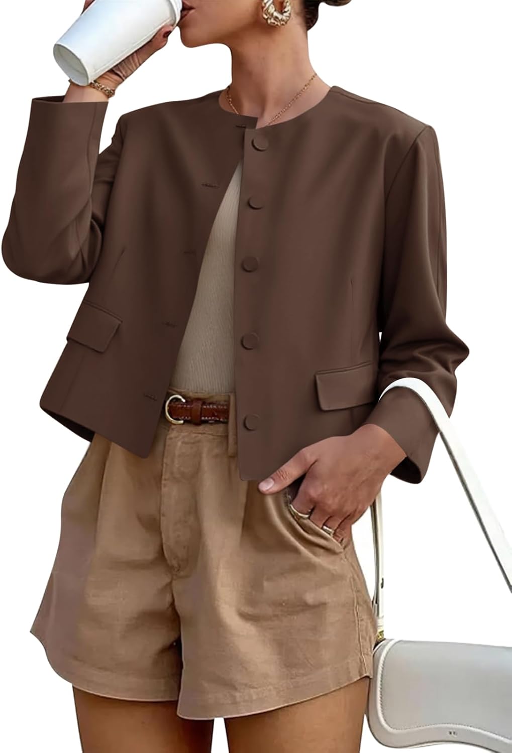 Cicy Bell Womens Balloon Long Sleeve Blazer Cropped Collarless Button Down Suit Jackets Business Casual Fall Outerwear