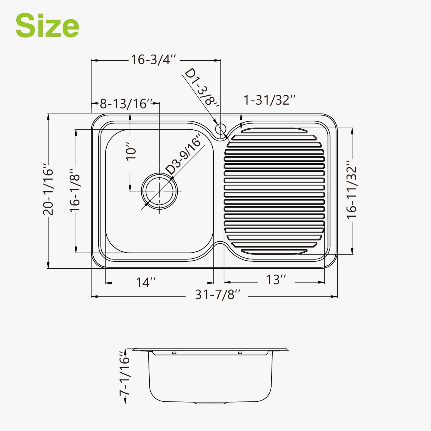 Naiture Drop-In Kitchen Sink, Rectangular Single Bowl Top Mount Sink, 21-Gauge 304 Stainless Steel, 32"L with Right Drainboard and Single Hole