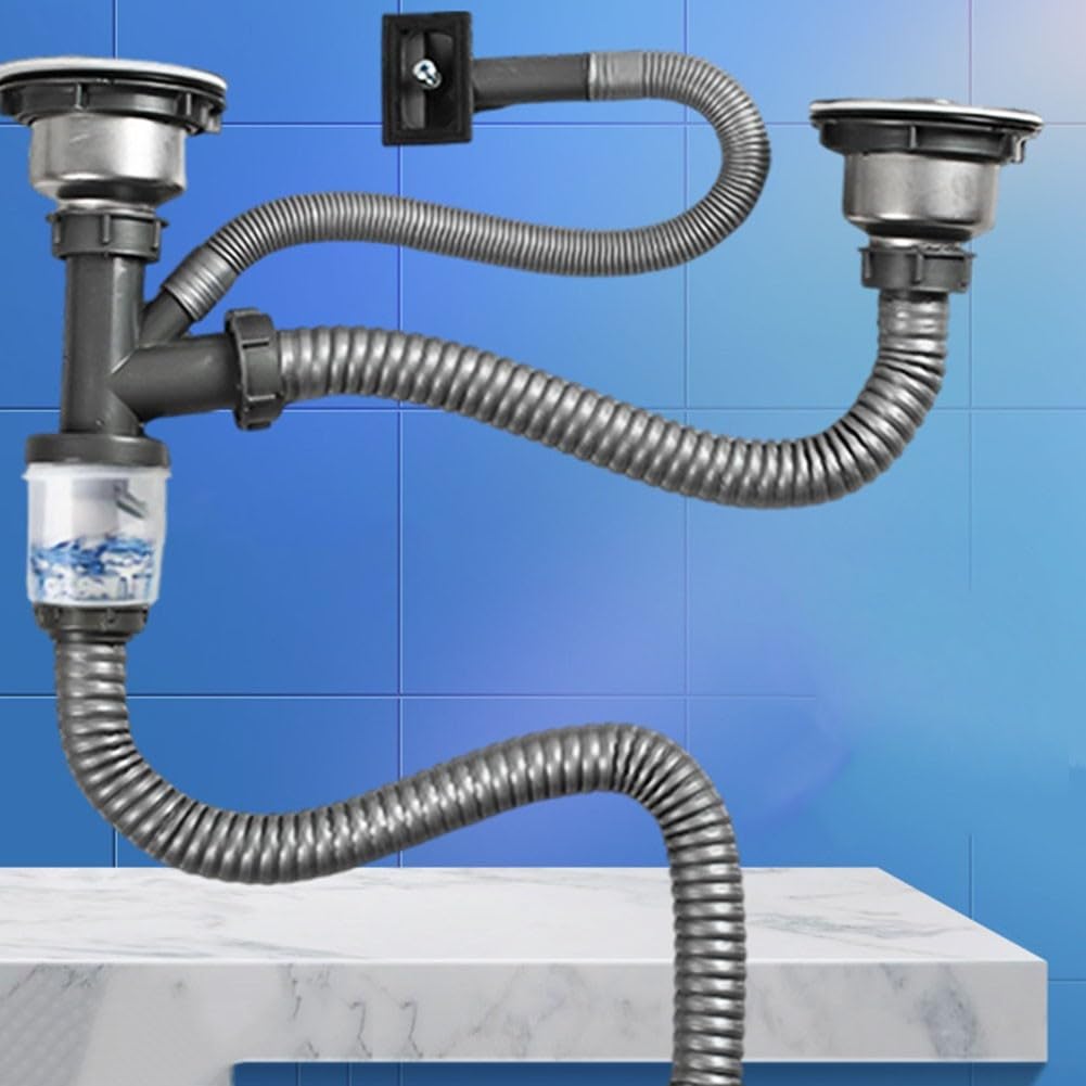 Set doppio per lavello da cucina Downcomer tubo di scarico a chiusura automatica con nucleo da 34 mm in acciaio ABS drenante deodorante grigio – acciaio inossidabile ispessito