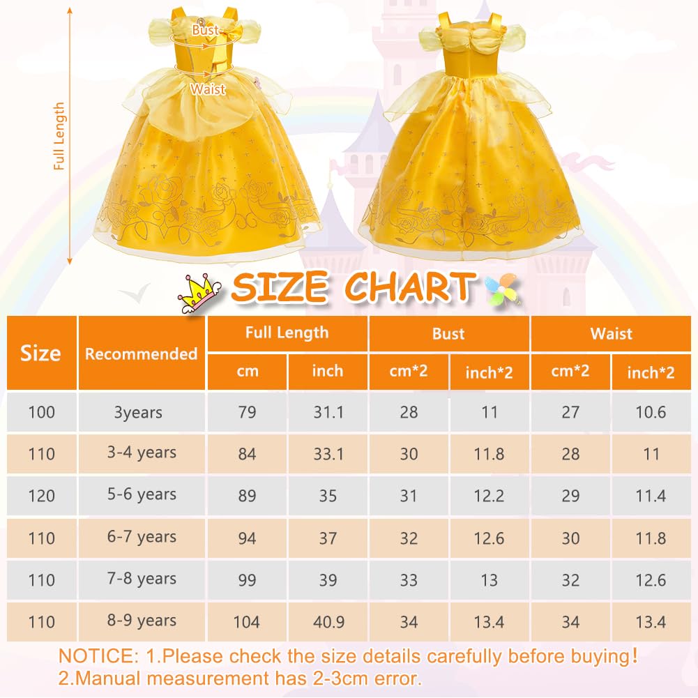 Belle Costume, Ragazze La Bella e La Bestia Costumi, Principessa Belle Vestito con Corona e Bacchetta, Bambina Bella Set per Cosplay Natale Festa Halloween, 120